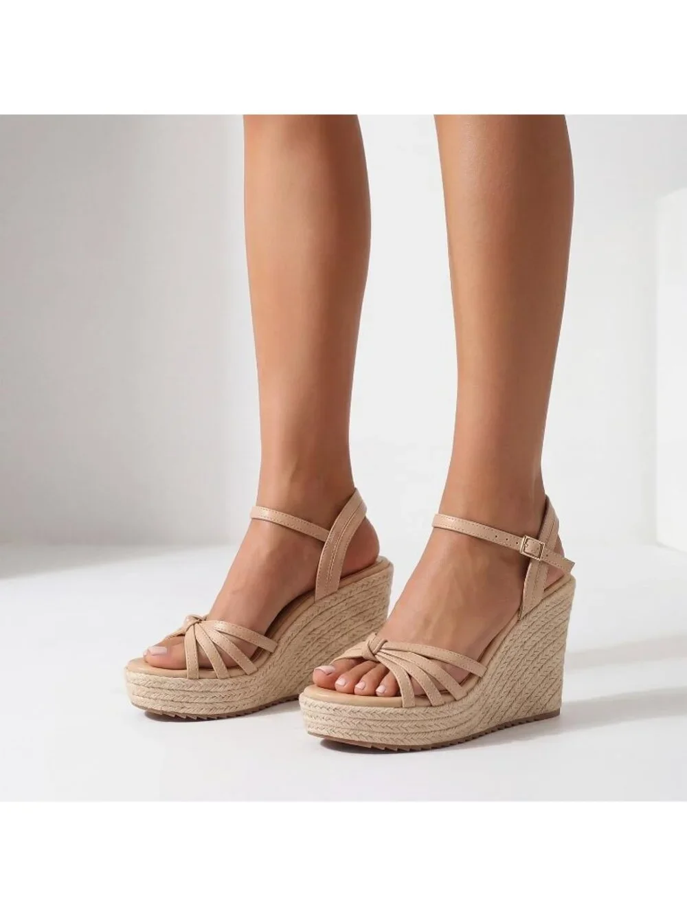 Women's Apricot PU Platform Espadrille Wedge Sandals Open Toe Ankle Strap Heels